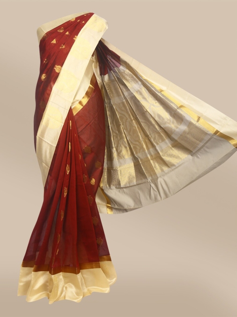 

The Chennai Silks Maroon & Gold-Toned Ethnic Motifs Zari Silk Cotton Maheshwari Saree