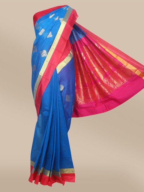 

The Chennai Silks Blue & Red Ethnic Motifs Silk Woven Design Maheshwari Silk Cotton Saree