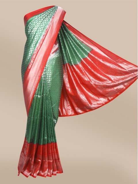 

The Chennai Silks Green & Red Silver-Toned Woven Design Art Silk Saree