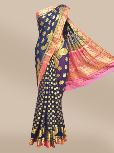 

The Chennai Silks Navy Blue & Fuchsia Woven Design Ethnic Motifs Zari Saree