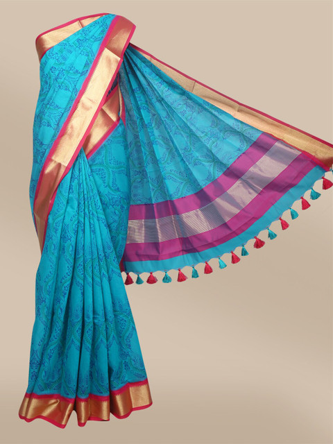 

The Chennai Silks Blue & Pink Floral Zari Pure Cotton Chanderi Saree