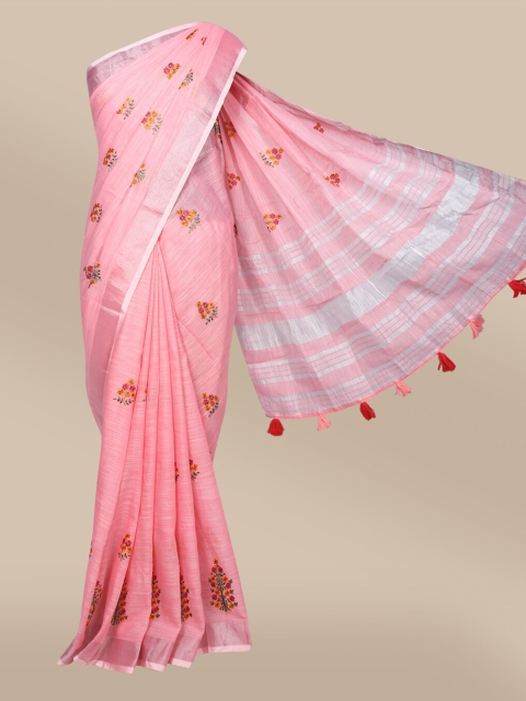 

The Chennai Silks Pink & Green Floral Embroidered Linen Blend Fusion Saree