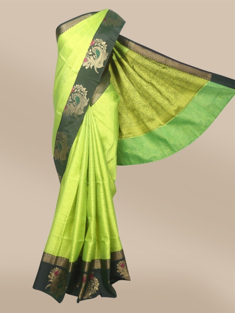 

The Chennai Silks Fluorescent Green & Gold-Toned Floral Zari Organza Banarasi Saree