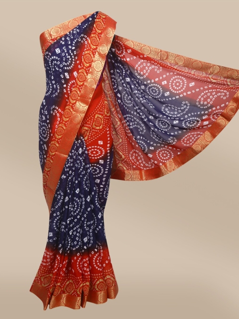 

The Chennai Silks Navy Blue & Red Bandhani Zari Saree