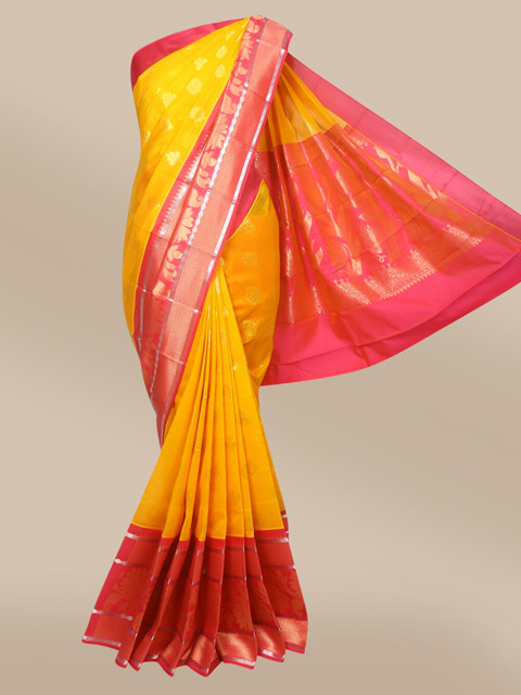 

The Chennai Silks Yellow & Pink Ethnic Motifs Zari Silk Cotton Maheshwari Saree