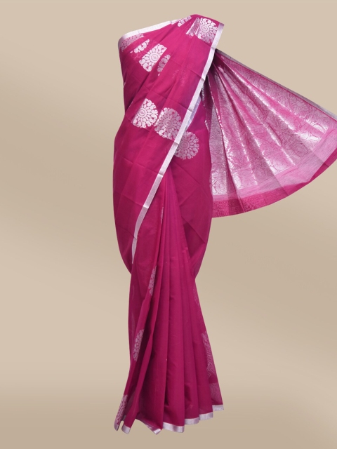 

The Chennai Silks Magenta & Silver-Toned Woven Design Silk Cotton Maheshwari Saree