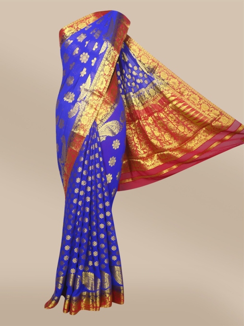 

The Chennai Silks Blue & Red Woven Design Floral Zari Fusion Saree