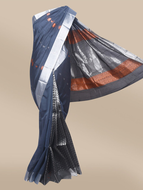 

The Chennai Silks Grey & Silver-Toned Ethnic Motifs Zari Silk Cotton Maheshwari Saree