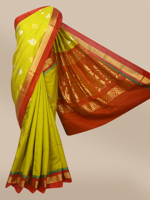 

The Chennai Silks Olive Green & Red Ethnic Motifs Zari Art Silk Fusion Saree