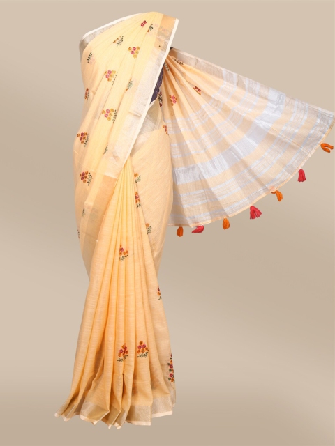 

The Chennai Silks Peach-Coloured & Yellow Floral Zari Linen Blend Saree