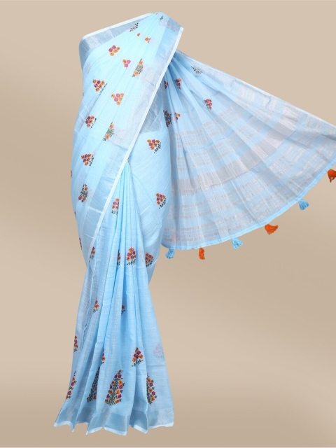 

The Chennai Silks Blue Floral Embroidered Linen Blend Saree