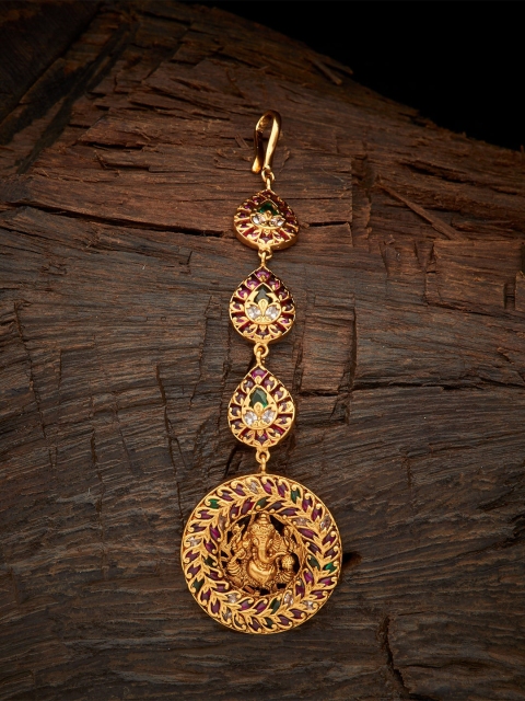 

Kushal's Fashion Jewellery Green Ruby-Studded Gold-Plated Temple Maang Tikka