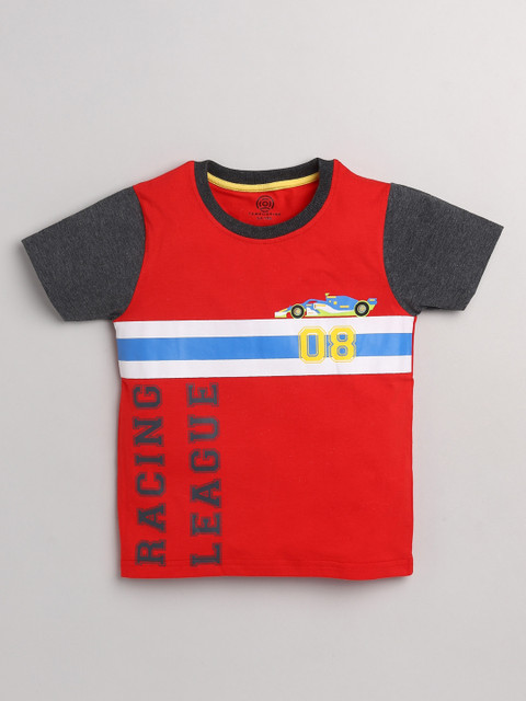 

TAMBOURINE Boys Red & Grey Typography Printed Cotton T-shirt
