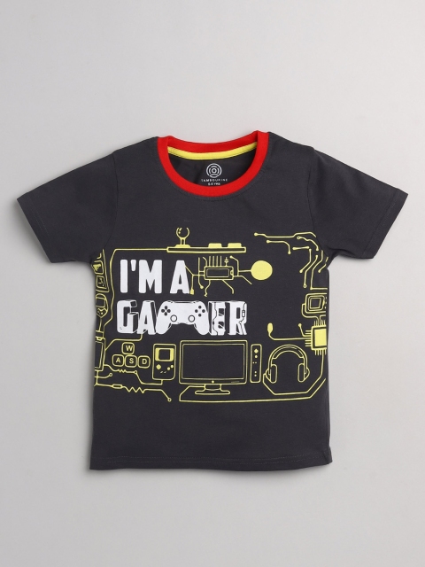 

TAMBOURINE Boys Grey Typography Pure Cotton Printed T-shirt