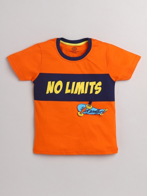 

TAMBOURINE Boys Orange Typography Colourblocked Applique T-shirt