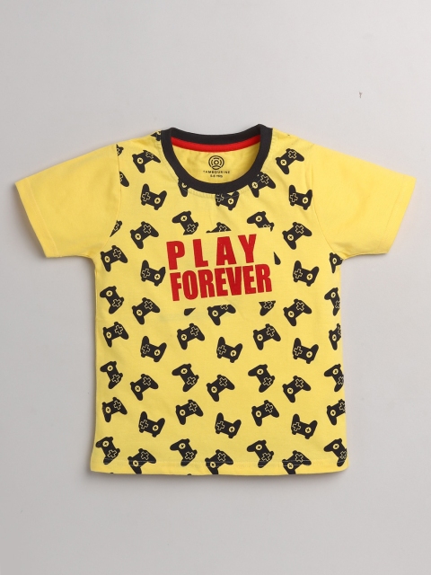 

TAMBOURINE Boys Yellow & Black Typography Printed Pure Cotton T-shirt