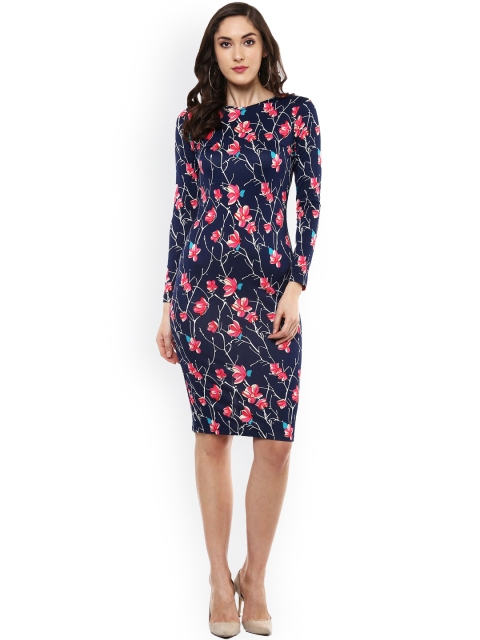

SASSAFRAS Women Navy Printed Bodycon Dress, Navy blue
