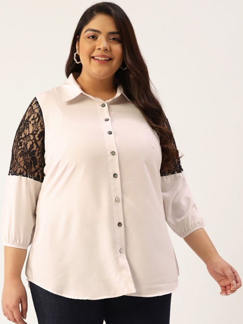 

Revolution White Solid Shirt-Collar Lace Top
