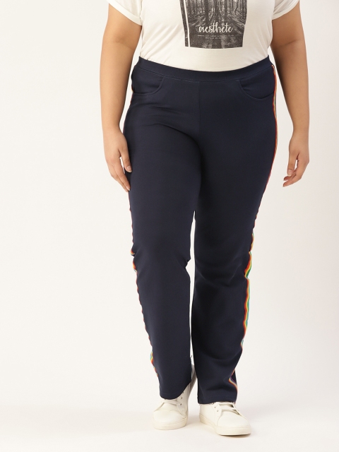 

Revolution Women Navy Blue Relaxed High-Rise Trousers With Side Stripes