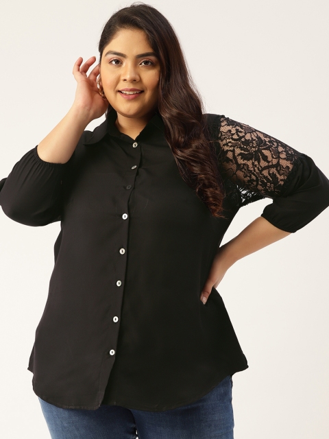 

Revolution Black Solid Shirt-Collar Lace Top