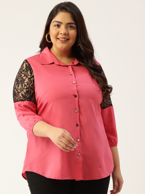 

Revolution Pink Solid Shirt-Collar Lace Top