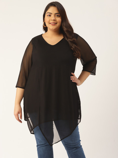 

Revolution Black Solid V-Neck Net Top