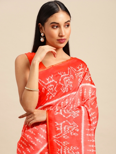 

VASTRANAND Red Zari Linen Blend Ikat Saree