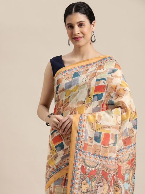 

VASTRANAND Yellow & Orange Zari Linen Blend Block Print Saree