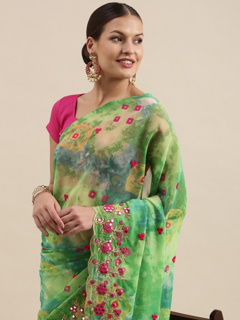 

Mitera Green Printed Mirror Work Saree