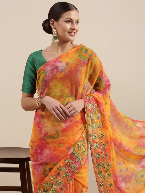 

Mitera Mustard Yellow & Pink Printed Mirror Work Saree