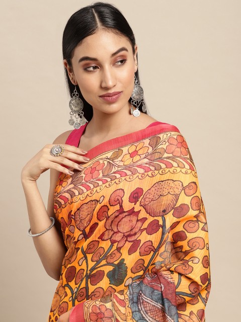 

Kalamakari Saree Mustard Yellow & Red Kalamkari Printed Saree