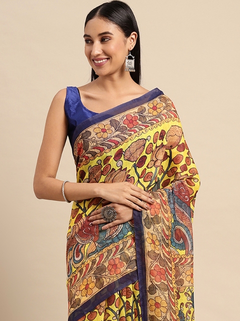 

VASTRANAND Yellow & Green Kalamkari Printed Saree