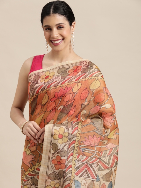 

VASTRANAND Peach-Coloured & Pink Kalamkari Linen Blend Saree