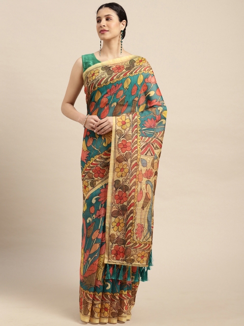 

VASTRANAND Teal Blue & Red Kalamkari Printed Jaali Saree
