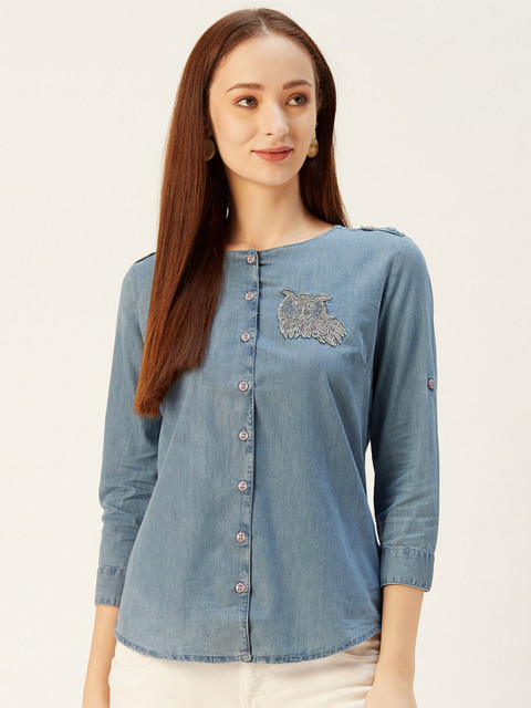 

Xpose Blue Roll-Up Sleeves Indigo Denim Pure Cotton Shirt Style Top