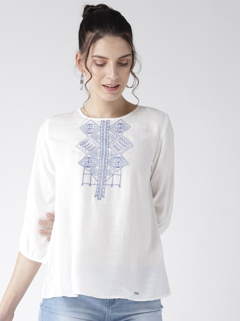 

Xpose White & Blue Embroidered Liva Top