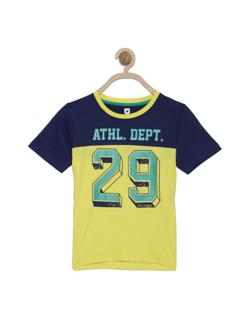 

612 league Boys Navy Blue & Yellow Varsity Colourblocked Regular Fit T-shirt