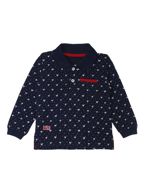 

612 league Boys Navy Blue & White Printed Polo Collar Pockets Regular Fit Cotton T-shirt