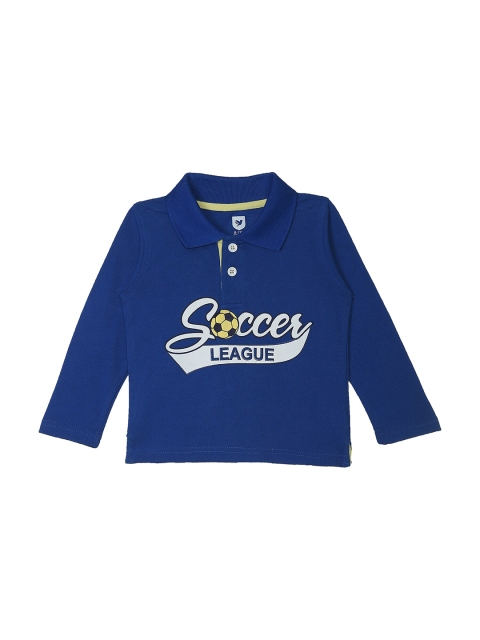 

612 league Boys Blue & White Typography Printed Cotton Polo Collar T-shirt