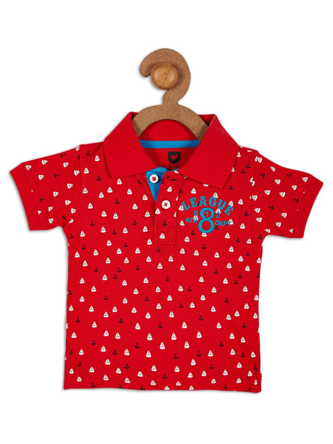 

612 league Boys Red & White Printed Polo Collar Regular Fit Cotton T-shirt