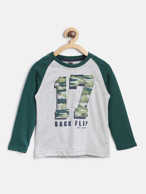 

612 league Boys Grey & Green Varsity Printed Raglan Sleeved Regular Fit Cotton T-shirt