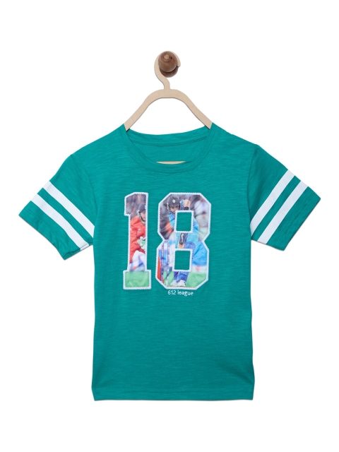 

612 league Boys Green Typography Printed Applique Regular Fit T-shirt