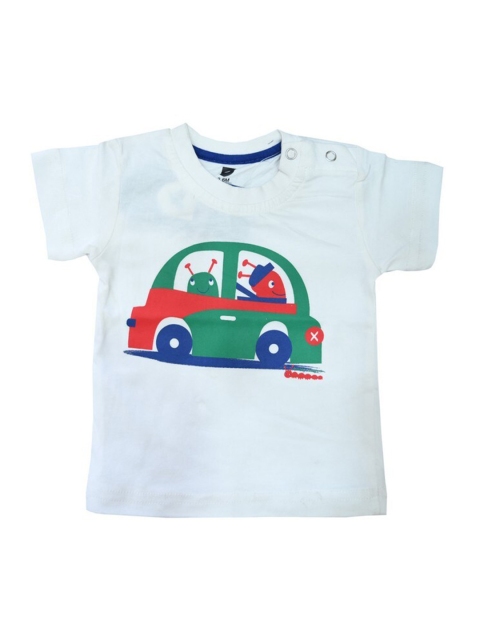 

612 league Boys White Printed Regular Fit Cotton T-shirt with Snap Button