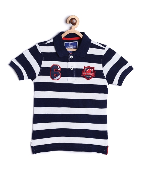 

612 league Boys Navy Blue & White Striped Polo Collar Regular Fit T-shirt