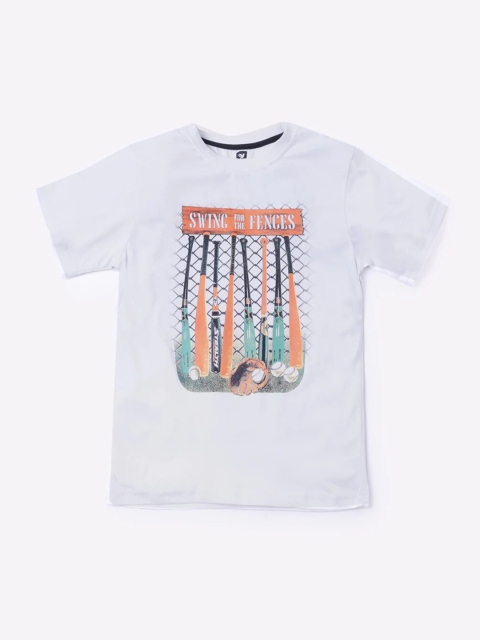 

612 league Boys White Sports Printed Regular Fit Cotton T-shirt