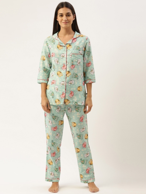 

Bannos Swagger Women Green & Pink Printed Night suit