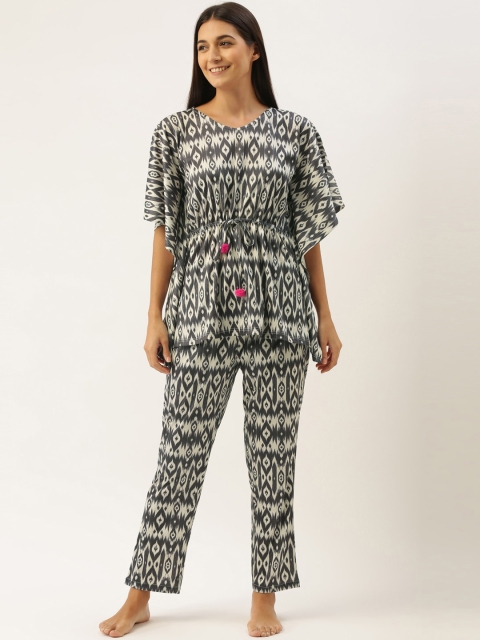 

Bannos Swagger Women Black & White Abstract Printed Night Suit