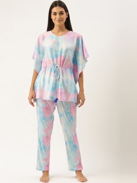 

Bannos Swagger Women Blue & Pink Printed Kaftan Night Suit