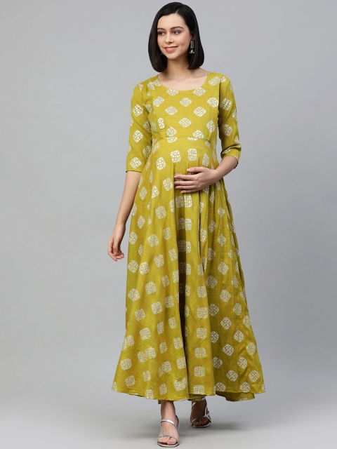

Swishchick Olive Green & White Ethnic Motifs Printed Maternity Maxi Dress
