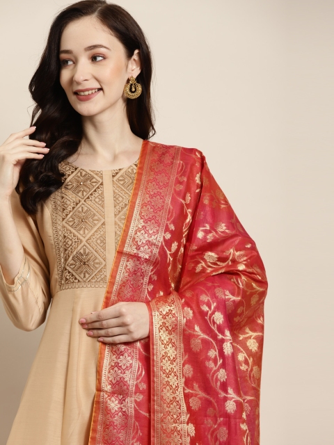 

Shae by SASSAFRAS Fuchsia Pink & Orange Ethnic Motifs Woven Design Banarasi Dupatta
